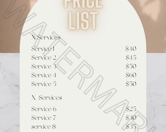 boho theme white and gold Price list editable template for beauty hair nails salons customisable price sheet for social media branding