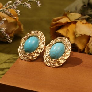 18K Gold Turquoise Oval Cut Vintage Boho Earrings, Natural Gemstones Earrings, Handmade Jewelry, 925 Sterling Silver, Christmas Gift
