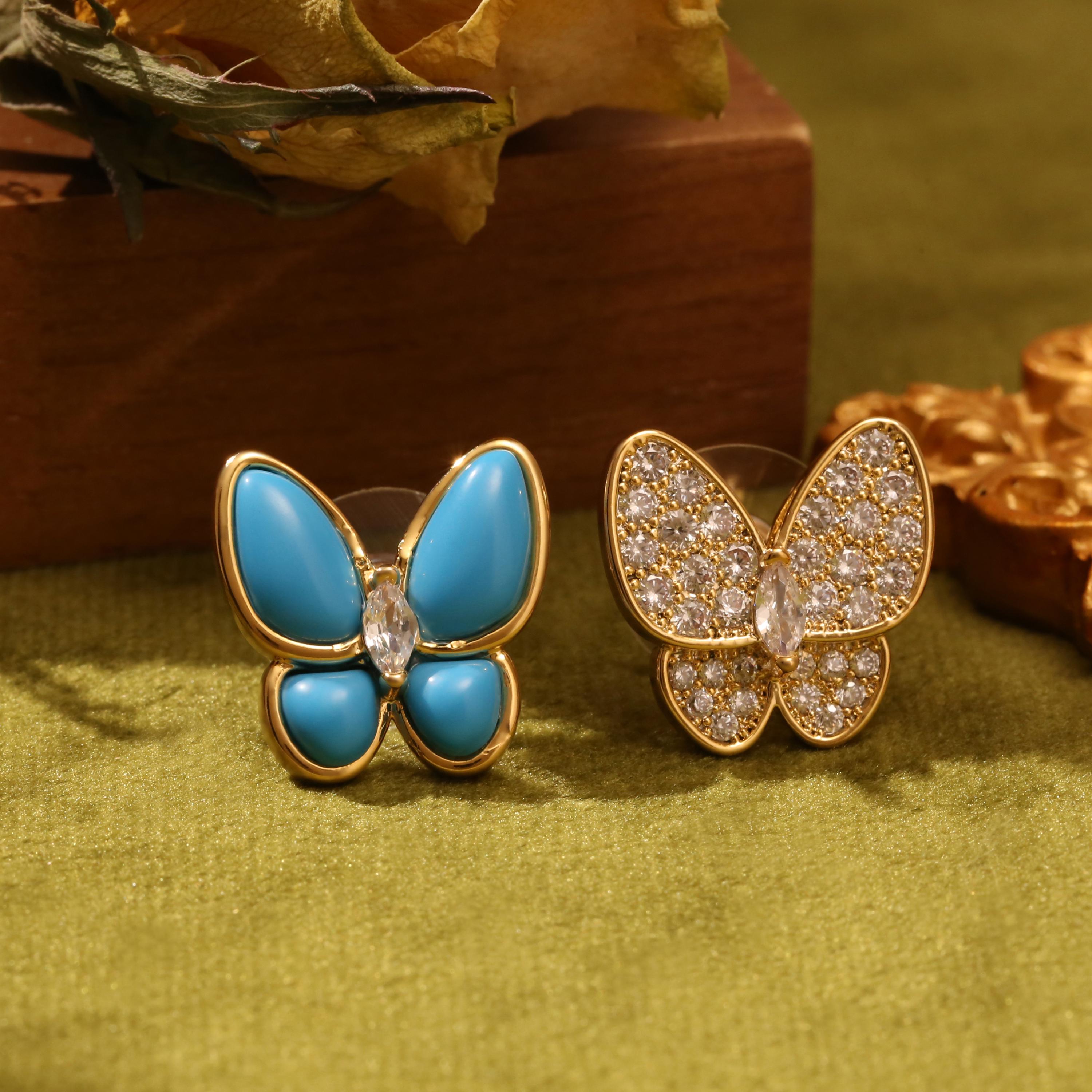Handmade Turquoise Howlite Butterfly Crystal Earrings - Bronze Leverback - Artisan Jewelry
