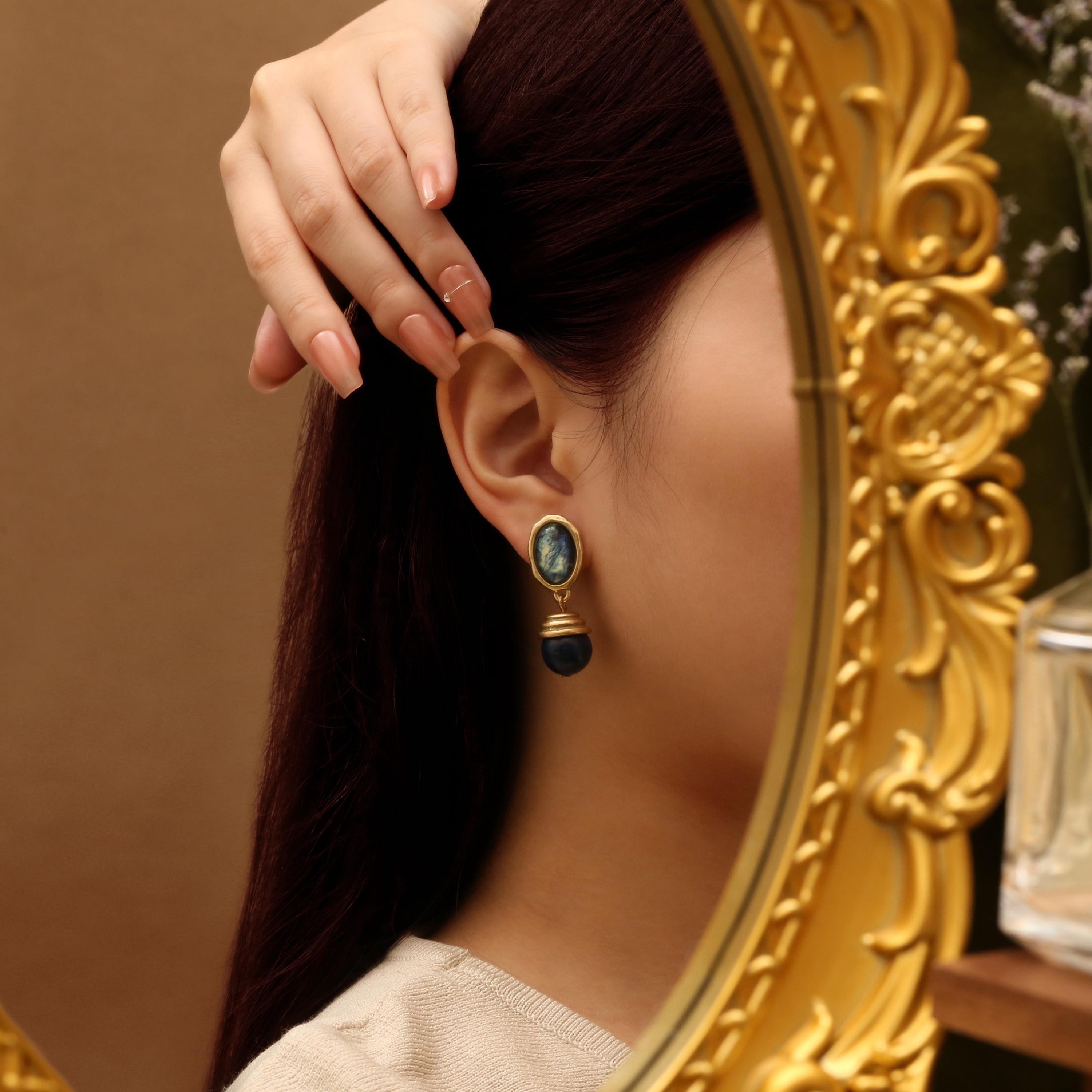 18K Gold Lapis lazuli Earrings, Vintage Natural jewelry, Gemstone Earrings, 925 Sterling Silver, Boho Earrings, Gift for mom, Gift for her
