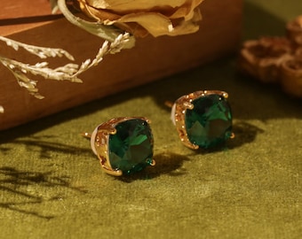 Vintage Emerald Stud Earrings,Gold Plating Four Leaf Clover Earrings, 925 Sterling Silver, Christmas Gift, Gift for her, Gift for mom