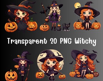 20 lindas imágenes prediseñadas de Witchy PNG, lindas imágenes de Witchy, Witchy para impresión, collage, álbum de recortes, Halloween, uso comercial gratuito, ClipArt PNG