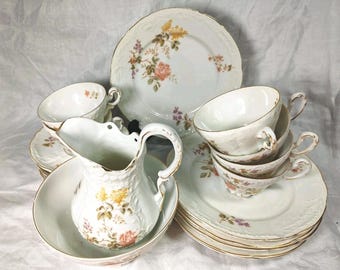 Juego de té antiguo Carl Tielsch de 20 piezas: 6 tazas, platillos, platos, jarra y cuenco.