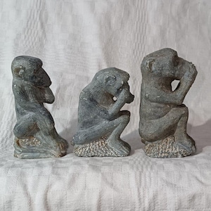 Set Of 3 Hand Carved Stone Wise Monkeys &quot;See, Hear, Speak No Evil Figurines