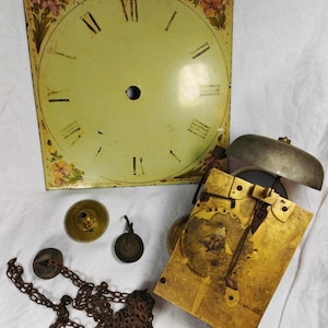 Antique Longcase Grandfather Clock Movement Painted Dial Weight Pendulum