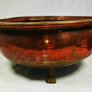 Antique Victorian Copper Jardiniere Plant Bowl With 3 Brass Lion Paw Feet C1900