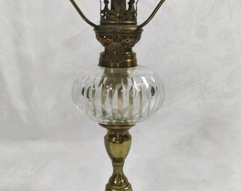 Antique Victorian Brass Oil Lamp Duplex Burner Glass Font F.T Sale