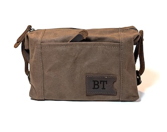 Waxed Canvas Dopp Kit: Coffee Brown Toiletry Bag with Free Personalization