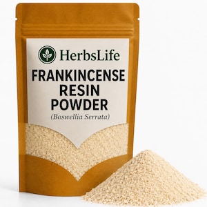 May include: A brown stand-up pouch containing light beige Frankincense Resin Powder. The white label features the green HerbsLife logo, the text FRANKINCENSE RESIN POWDER, and the botanical name Boswellia Serrata in black, with a pile of powder.