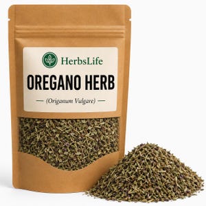 May include: A brown paper bag of oregano herb with a clear window, and a pile of oregano next to it. The bag has the text "HerbsLife" and "OREGANO HERB" with the scientific name "(Origanum Vulgare)".