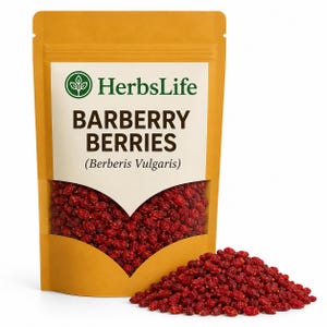May include: A package of barberry berries with the HerbsLife logo. The package is tan with a heart-shaped window revealing the dried red berries. The text "BARBERRY BERRIES (Berberis Vulgaris)" is printed on the front.