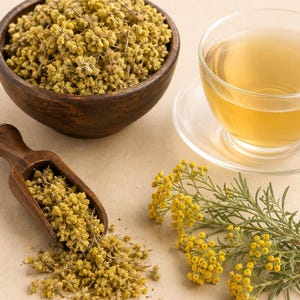 Peut inclure: Un bol en bois fonc&eacute; rempli de fleurs jaunes s&eacute;ch&eacute;es, une pelle en bois contenant d'autres fleurs s&eacute;ch&eacute;es, une tasse en verre transparent de th&eacute; jaune clair sur une soucoupe et un brin de fleurs jaunes fra&icirc;ches avec des tiges vertes.