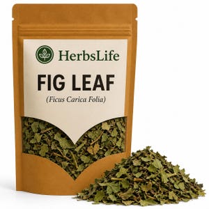 May include: A brown paper bag of fig leaves with the text "FIG LEAF" and "(Ficus Carica Folia)". A pile of dried fig leaves is in front of the bag. The bag has a white label with the "HerbsLife" logo.