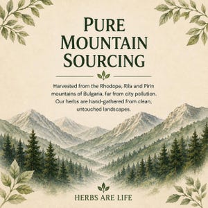 May include: A graphic featuring a watercolour mountain landscape with pine trees and green leaves in the corners. Text reads: PURE MOUNTAIN SOURCING. Harvested from the Rhodope, Rila and Pirin mountains of Bulgaria, far from city pollution. HERBS ARE LIFE.