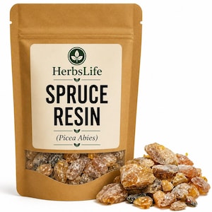 May include: A brown paper bag with a clear window displaying spruce resin. The bag has a white label with the text "HerbsLife" and "SPRUCE RESIN (Picea Abies)". A pile of amber-colored resin pieces sits next to the bag.