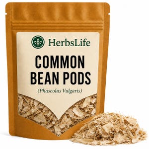 Puede incluir: Una bolsa vertical marrón que contiene vainas de judía común secas, etiquetada como HerbsLife Common Bean Pods (Phaseolus Vulgaris). El envase tiene una ventana transparente que muestra el material vegetal triturado de color tostado.