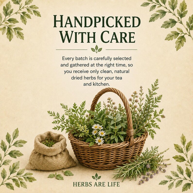 Peut inclure: Un panier en osier tress&eacute; brun rempli d'herbes vertes et de fleurs de camomille blanches, accompagn&eacute; d'un petit sac en toile de jute et de brins d'herbes. Le texte indique : HANDPICKED WITH CARE, Every batch is carefully selected, HERBS ARE LIFE.