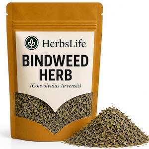 May include: A brown stand-up pouch containing dried Bindweed Herb, labeled HerbsLife Bindweed Herb (Convolvulus Arvensis). The packaging features a clear window at the bottom displaying the green, leafy herb, with a pile of the same dried herb placed in front.