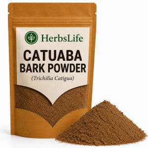 May include: A brown stand-up pouch containing Catuaba Bark Powder by HerbsLife. The label features the text HerbsLife, CATUABA BARK POWDER, and (Trichilia Catigua). A pile of fine, brown, earthy-toned powder sits in front of the pouch.