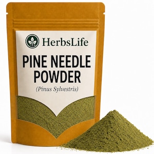 May include: A brown stand-up pouch containing green pine needle powder. The label features the text HerbsLife, PINE NEEDLE POWDER, and (Pinus Sylvestris) with a circular logo. A small pile of the fine green powder sits in front of the pouch.