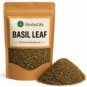 May include: A brown paper bag with a clear window displaying dried basil leaves. The bag has a white label with the text "BASIL LEAF" and "(Ocimum Basilicum)". A pile of dried basil leaves sits next to the bag.