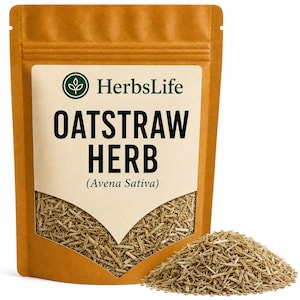 May include: A brown stand-up pouch containing dried oatstraw herb. The label features the HerbsLife logo, the text OATSTRAW HERB, and the botanical name Avena Sativa. A clear window shows the light brown, chopped plant material inside the bag.