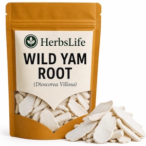 May include: A brown stand-up pouch with a clear window containing dried, off-white wild yam root slices. The label features the text HerbsLife, WILD YAM ROOT, and (Dioscorea Villosa) in black and green ink. A pile of the root slices sits in front.