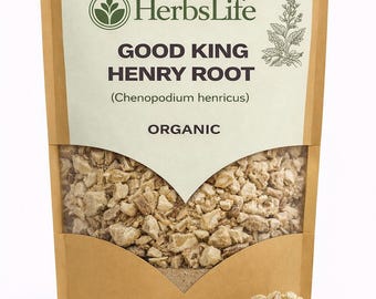 May include: A brown paper bag of Good King Henry Root (Chenopodium henricus) with the HerbsLife logo. The bag is partially open, revealing the organic root pieces. A small pile of the root is in front of the bag.