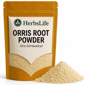 May include: A brown stand-up pouch containing Orris Root Powder (Iris Germanica) by HerbsLife. The label features a green logo, black text, and a clear window showing the fine, beige-coloured powder inside, with a pile of the powder beside it.