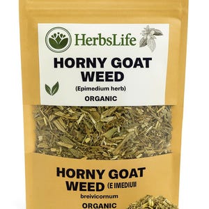 May include: A tan packet of dried Horny Goat Weed (Epimedium herb) from HerbsLife. The packaging displays the text "HORNY GOAT WEED" in bold, with "ORGANIC" underneath. A small pile of the dried herb is visible at the bottom.