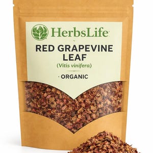 May include: A brown paper bag of red grapevine leaf, with a visible window showing the product. The bag has the "HerbsLife" logo and text that reads "RED GRAPEVINE LEAF (Vitis vinifera) • ORGANIC". A small pile of the leaf is in front.
