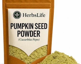 May include: A brown stand-up pouch containing pumpkin seed powder with a white label featuring the text HerbsLife, PUMPKIN SEED POWDER, and (Cucurbita Pepo). A pile of light green, finely ground powder sits in front of the pouch on a white surface.