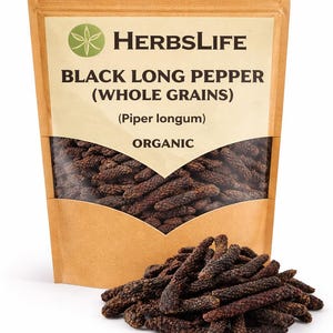 May include: A brown paper bag of organic black long pepper (whole grains) with a clear window, and a pile of the pepper in front of the bag. The bag has the text "HerbsLife" and "Black Long Pepper (Whole Grains)".