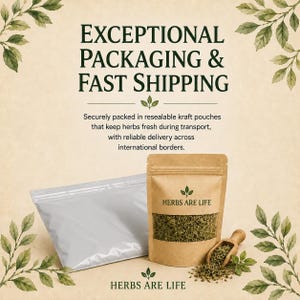 May include: A brown kraft paper pouch with a clear window displaying dried green herbs, labelled HERBS ARE LIFE, accompanied by a small wooden scoop, a silver plastic bag, and decorative green leaf illustrations on a light tan background.