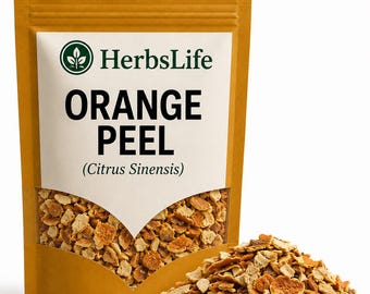 May include: A brown stand-up pouch containing dried orange peel. The label features the text HerbsLife, ORANGE PEEL, and (Citrus Sinensis). A clear window shows the small, textured, light and dark orange pieces of dried fruit peel inside.