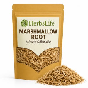 Könnte beinhalten: Eine braune Papiertüte mit Marshmallow-Wurzel (Althaea Officinalis) mit weißem Etikett und grünem Logo. Die Tüte ist teilweise geöffnet und zeigt die getrocknete Wurzel. Ein kleiner Haufen der Wurzel liegt vor der Tüte.