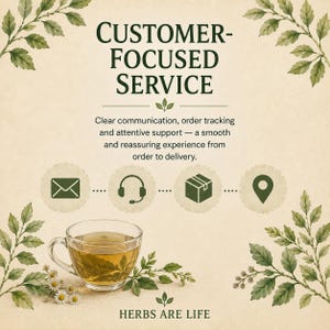 May include: A graphic featuring the text CUSTOMER-FOCUSED SERVICE, followed by Clear communication, order tracking and attentive support &mdash; a smooth and reassuring experience from order to delivery. Icons include an envelope, headset, box, and location pin.