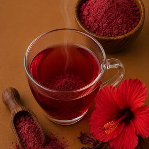 May include: A clear glass mug filled with deep red hibiscus tea with rising steam, accompanied by a wooden bowl and a small wooden scoop containing dark red hibiscus powder, alongside a vibrant red hibiscus flower and dried calyces.