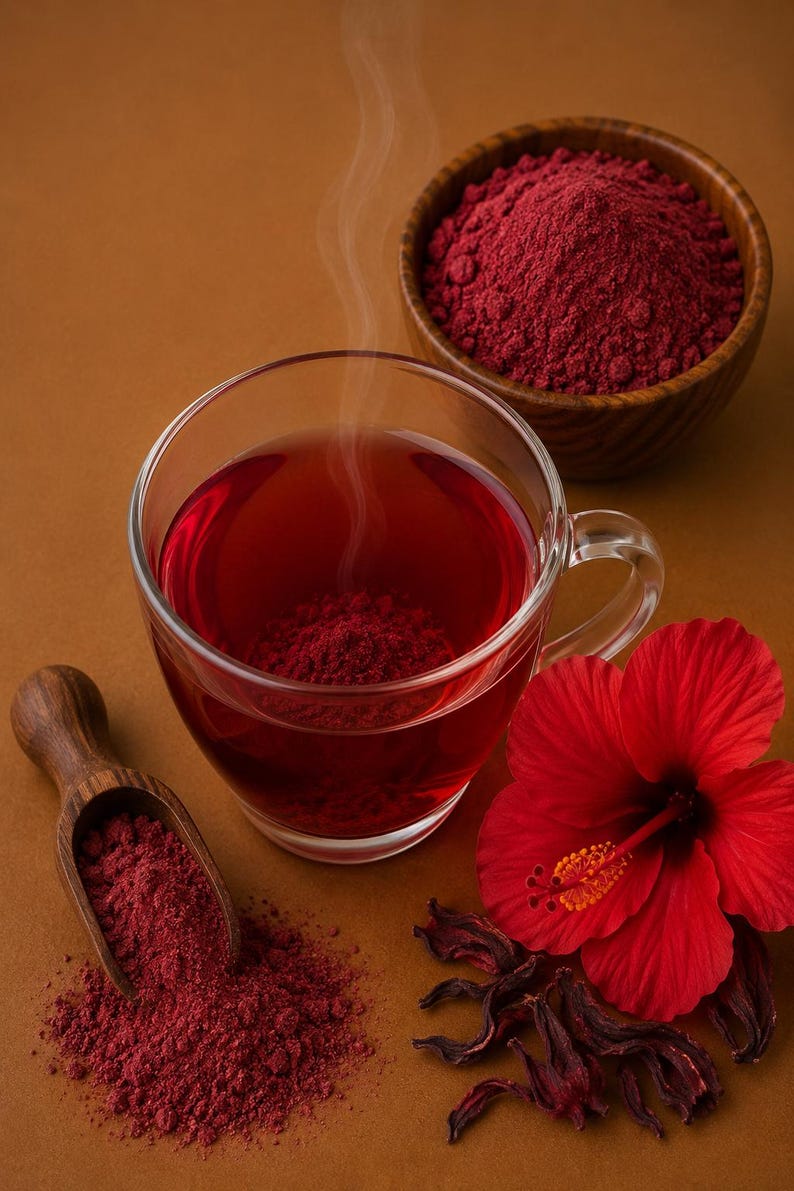 May include: A clear glass mug filled with deep red hibiscus tea with rising steam, accompanied by a wooden bowl and a small wooden scoop containing dark red hibiscus powder, alongside a vibrant red hibiscus flower and dried calyces.