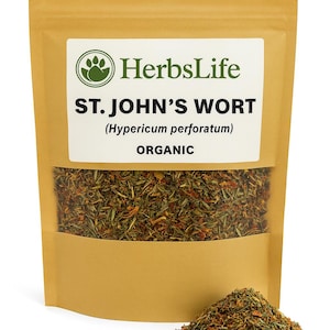 May include: A brown paper bag of organic St John's Wort (Hypericum perforatum) with a white label and a small pile of the herb. The label reads "HerbsLife" and "Organic". The bag is filled with dried herbs.
