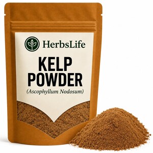 May include: A brown stand-up pouch containing kelp powder with a white label featuring the text HerbsLife KELP POWDER (Ascophyllum Nodosum) and a circular logo with a plant icon. A small pile of brown, finely ground kelp powder sits in front.