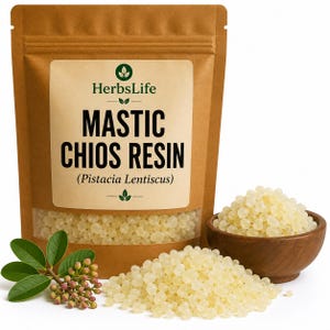 May include: A brown paper bag with a clear window displaying Mastic Chios Resin. The bag has a label with the text "HerbsLife" and "MASTIC CHIOS RESIN (Pistacia Lentiscus)". A small wooden bowl and a pile of resin are next to the bag, along with a sprig of leaves.