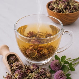 May include: A clear glass teacup filled with herbal tea, with steam rising. Dried clover flowers are in the tea and scattered around a wooden scoop and bowl. Fresh clover flowers and leaves are also present.