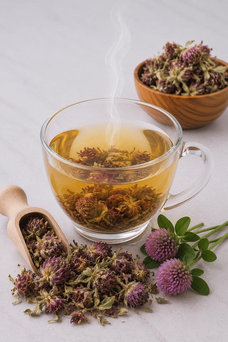 May include: A clear glass teacup filled with herbal tea, with steam rising. Dried clover flowers are in the tea and scattered around a wooden scoop and bowl. Fresh clover flowers and leaves are also present.