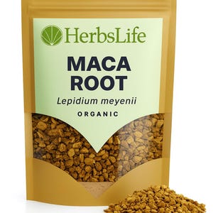 May include: A tan pouch of HerbsLife Maca Root with a light green label. The label includes the text "MACA ROOT", "Lepidium meyenii", and "ORGANIC". A small pile of the root is next to the pouch.