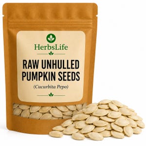 May include: A brown paper bag with a clear window showing raw, unhulled pumpkin seeds. The bag has a label with the text "HerbsLife" and "RAW UNHULLED PUMPKIN SEEDS (Cucurbita Pepo)". A pile of seeds is beside the bag.