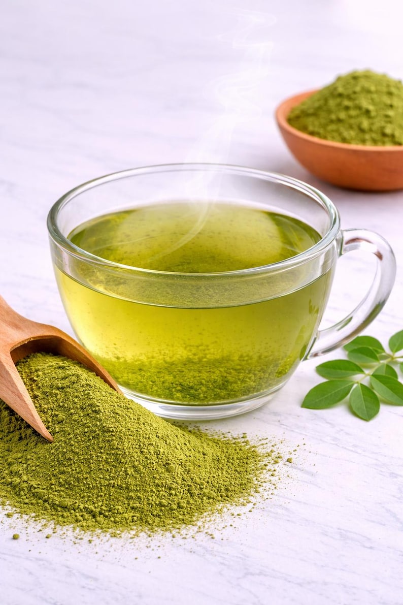Puede incluir: Una taza de cristal transparente llena de t&eacute; verde humeante, acompa&ntilde;ada de una cuchara de madera que contiene un mont&oacute;n de polvo verde fino. Tambi&eacute;n hay un peque&ntilde;o cuenco de terracota lleno del mismo polvo verde y unas peque&ntilde;as hojas verdes.