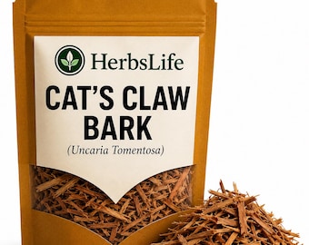May include: A brown stand-up pouch containing Cat's Claw Bark, labeled HerbsLife, with a clear window showing the shredded brown bark pieces inside. A pile of the same brown, fibrous bark is positioned in front of the pouch on a white background.