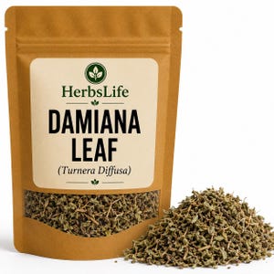 May include: A brown stand-up pouch containing dried Damiana leaf, labelled HerbsLife Damiana Leaf (Turnera Diffusa). The pouch features a clear window at the bottom displaying the green, shredded herbal contents, with a pile of the same dried leaves beside it.