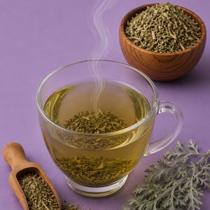 May include: A glass teacup with green tea and rising steam, alongside a wooden bowl and scoop filled with dried herbs. A sprig of green leaves rests on a purple surface. Herbal tea concept.